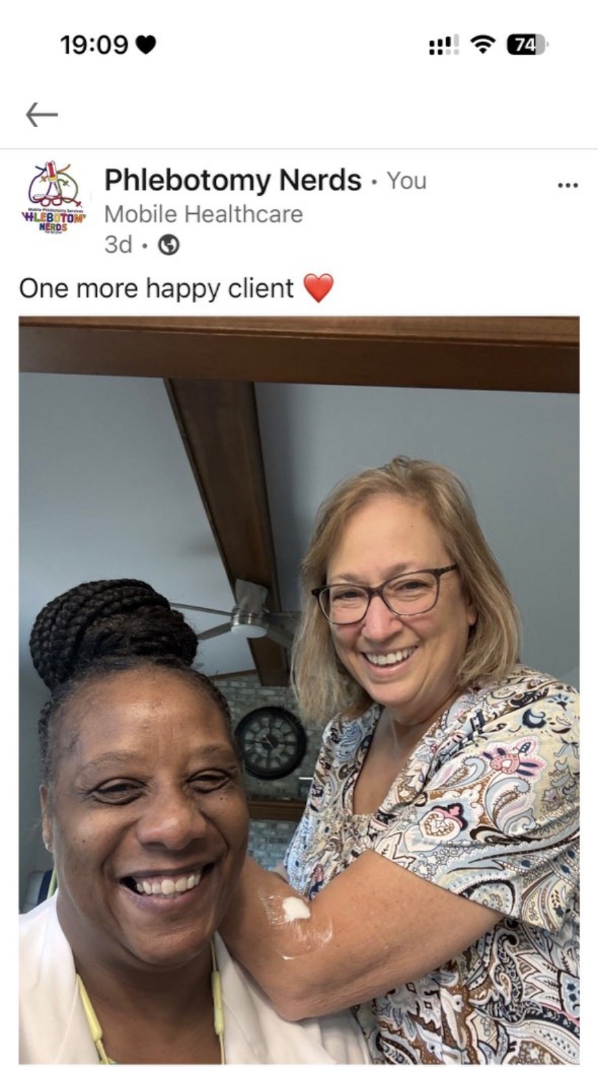 A happy Phlebotomy Nerds client with her mobile phlebotomist